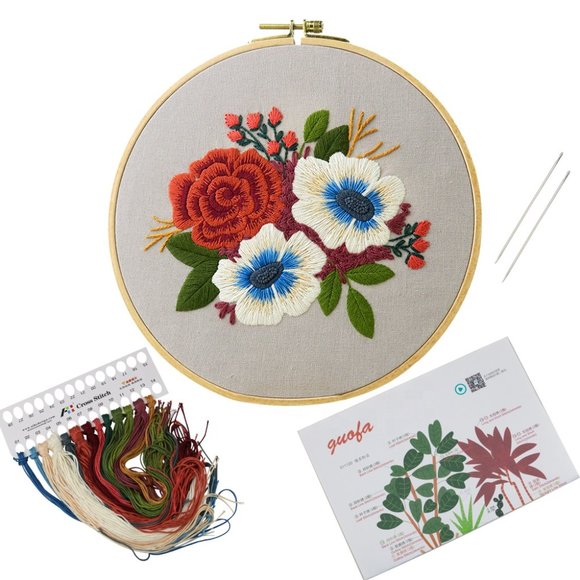 NEW Beginner Embroidery Kit w/Hoop Needlepoint Gift Red Blue White Flowers - Picture 5 of 5